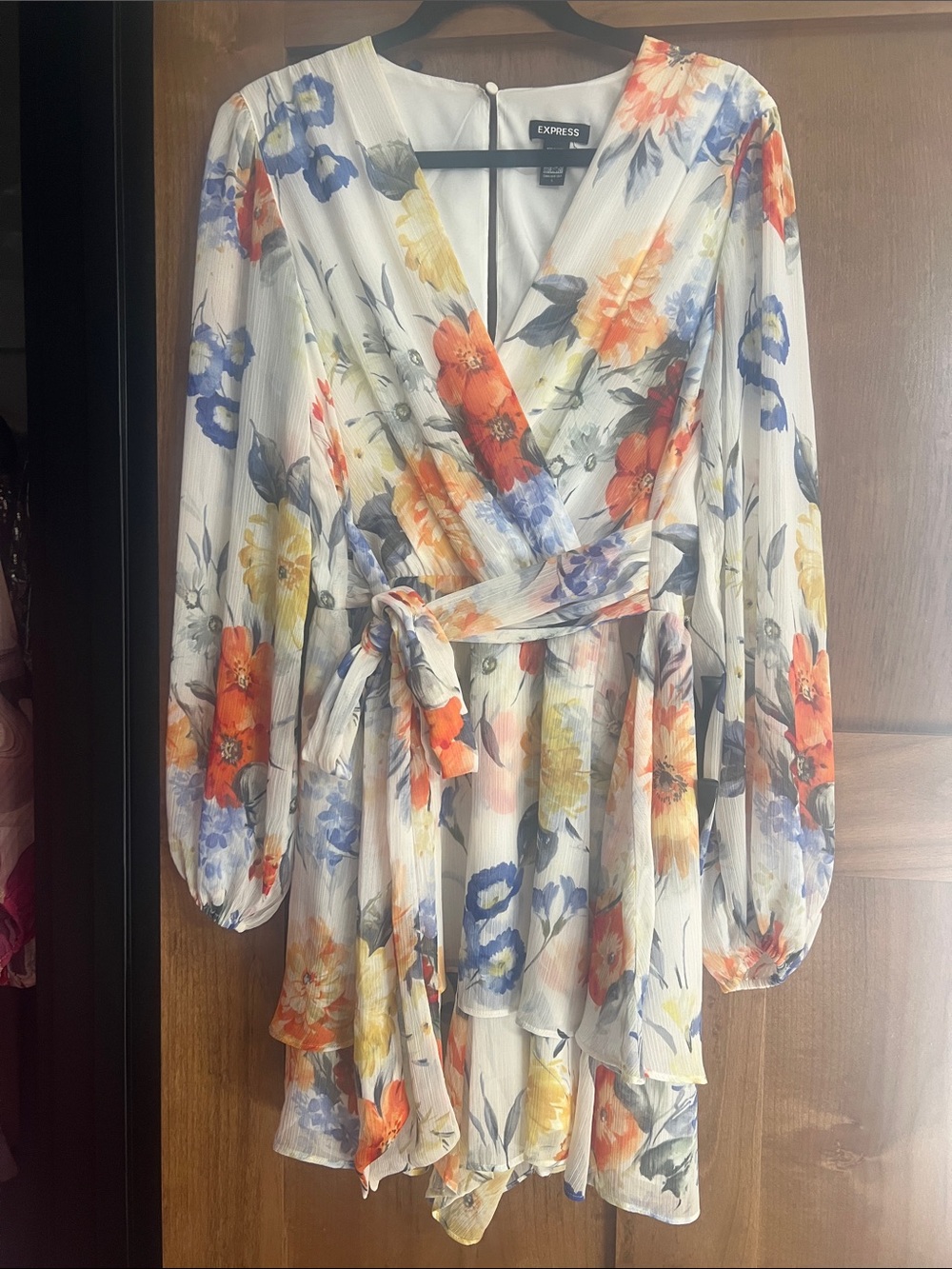 Express Floral Long-Sleeve Wrap Dress in White with Orange, Blue & Yellow Blooms